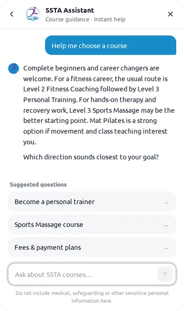 The Serious Sports Training Academy’s assistant on its live website, answering “Help me choose a course” with the usual routes into fitness and sports massage careers, above three suggested questions.