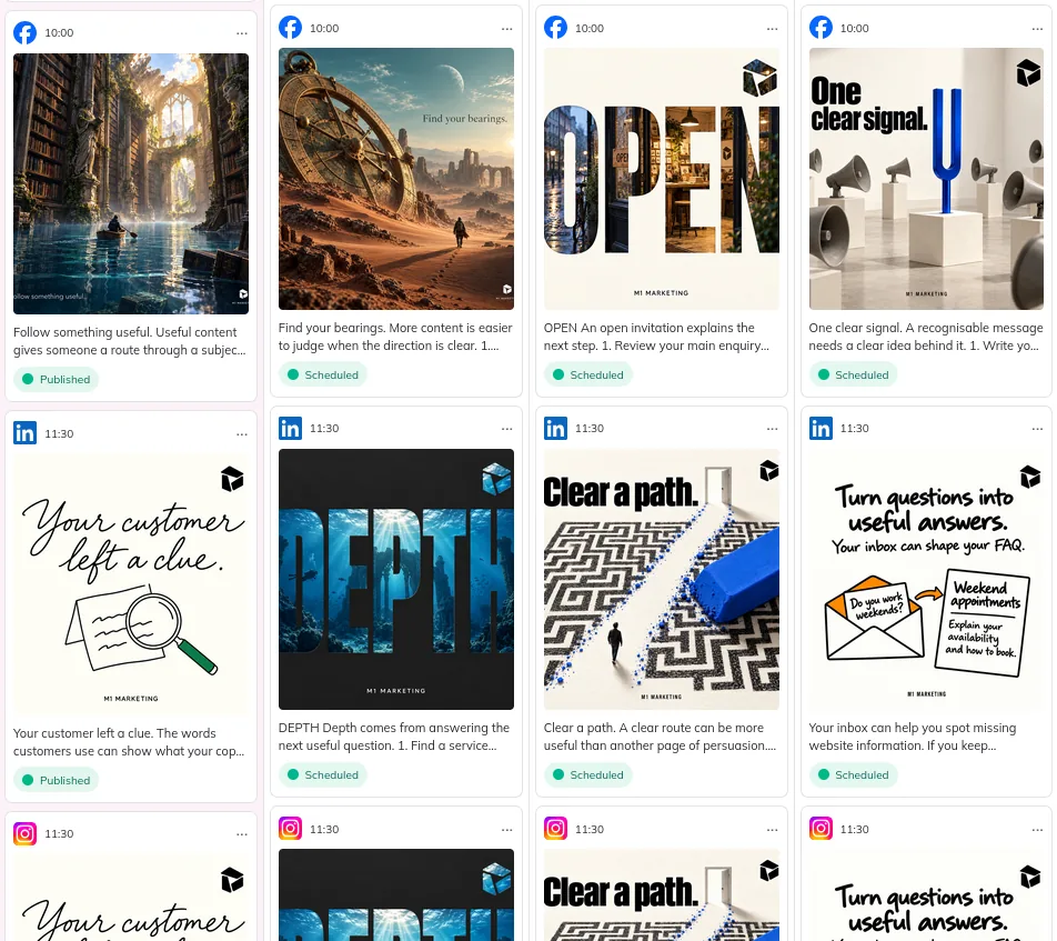 Studi0’s post grid: cards for Facebook, LinkedIn and Instagram posts, each with its artwork, time, caption and a Published or Scheduled status.