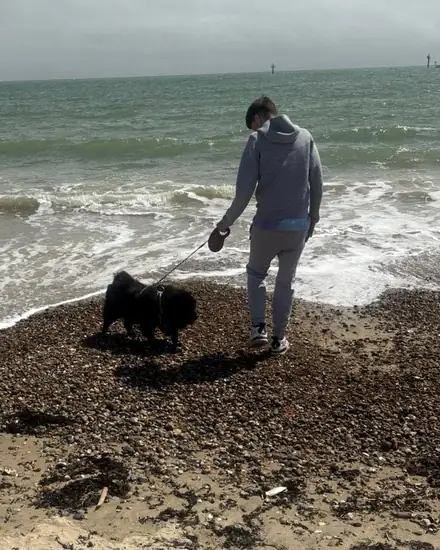 Sammy Morgan walking his dog along the shoreline