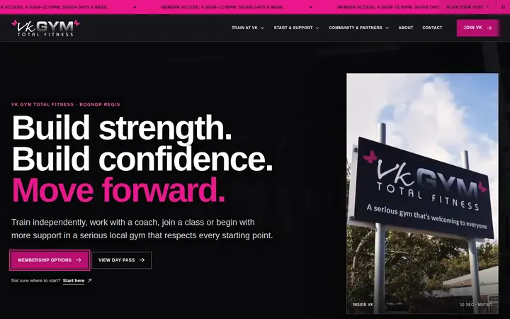 The VK Gym homepage: build strength, build confidence, move forward
